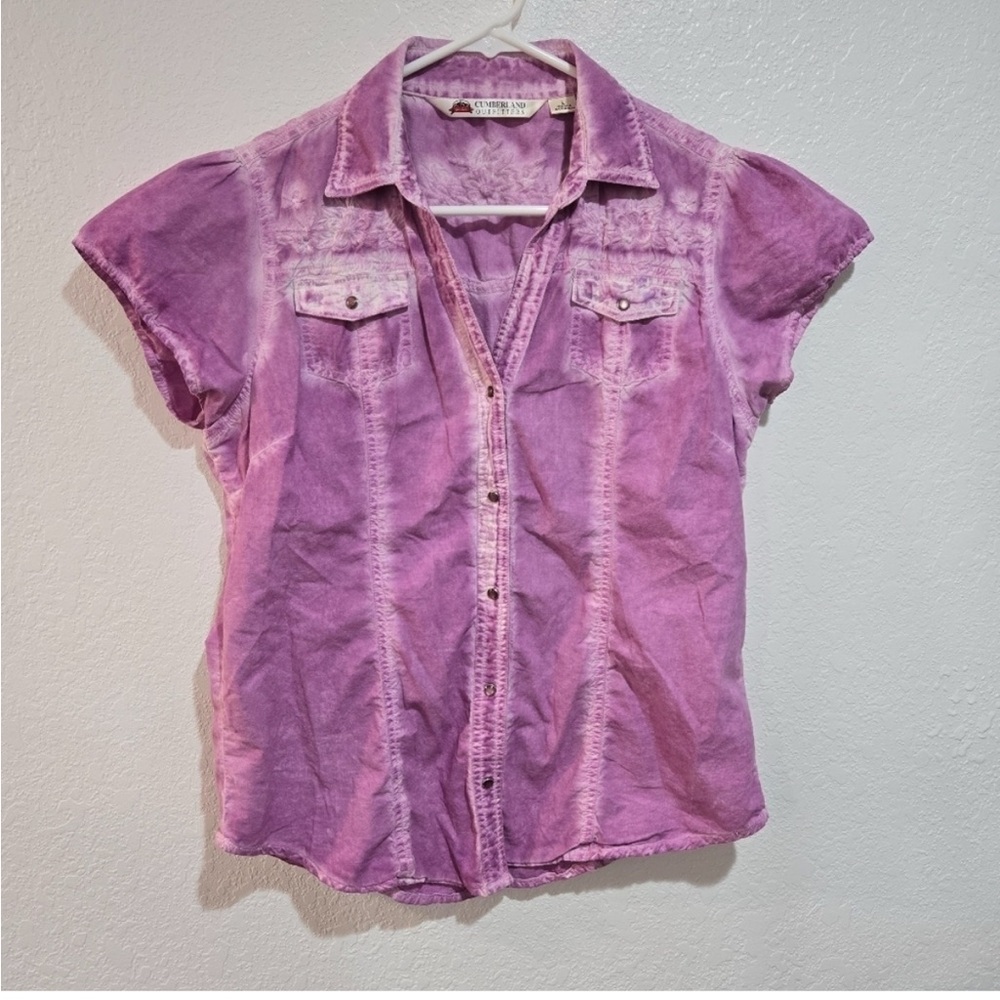 Cumberland Outfitters Large Purple Floral Embroidered Western Pearl Snap Top